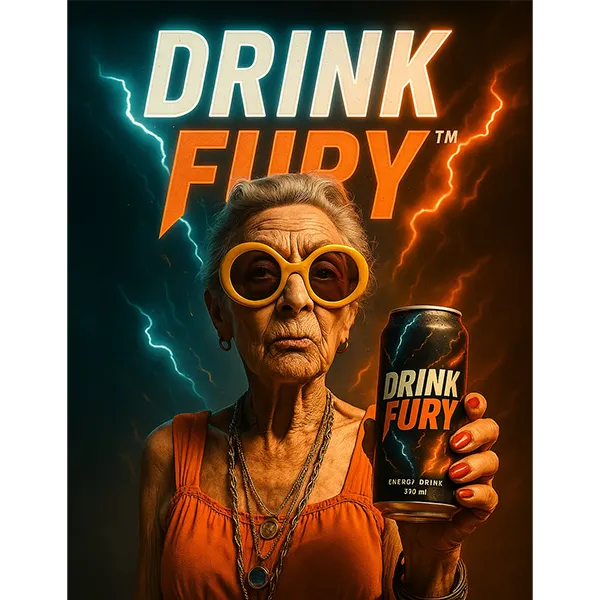 Image générée par IA montrant une grand-mère tenant une boisson énergisante, illustrant vitalité et humour.