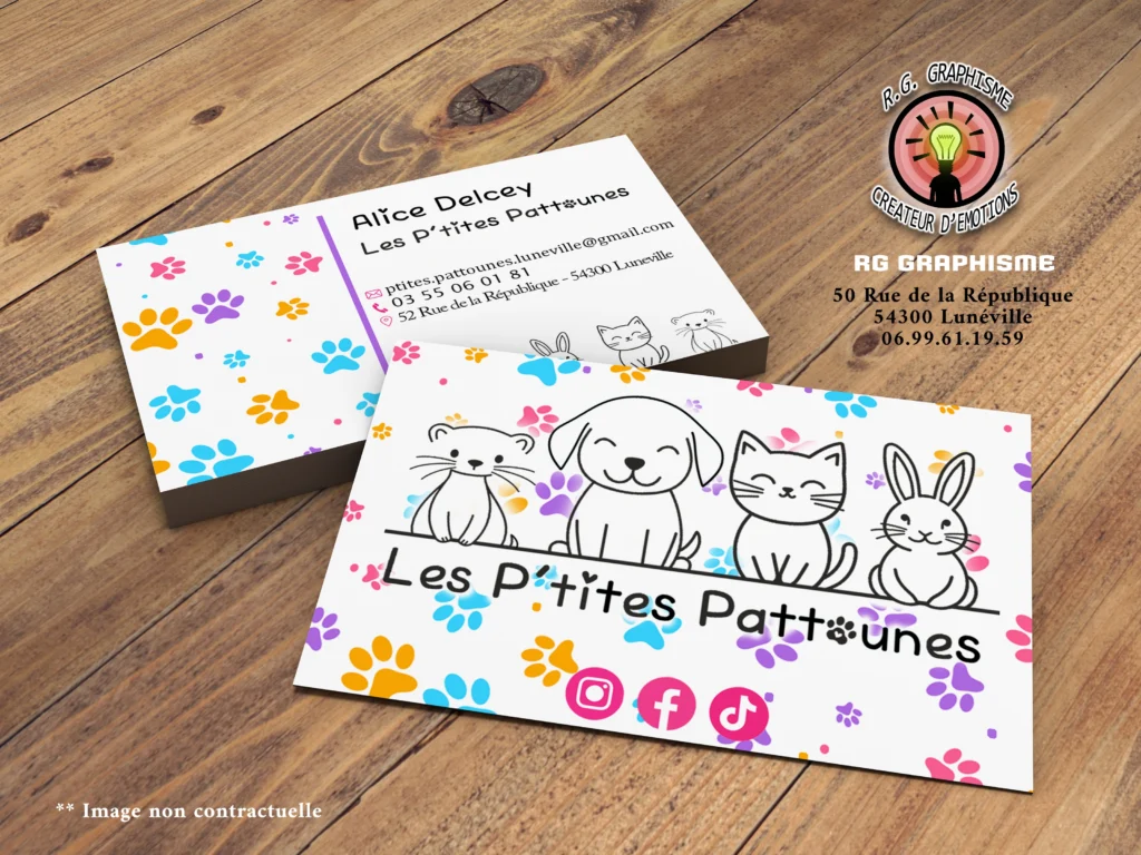 Carte de visite professionnelle conçue par RG Graphisme, illustrant un design moderne et une identité visuelle unique.