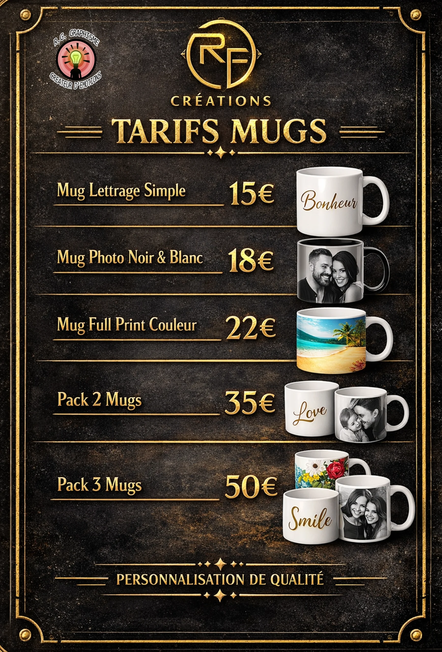 Plaquette tarifs mugs personnalisés