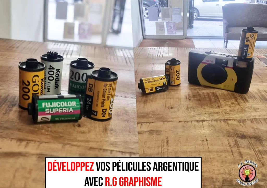Photo montrant une pellicule argentique et un appareil photo Kodak, illustrant le service de développement argentique proposé par RG Graphisme.