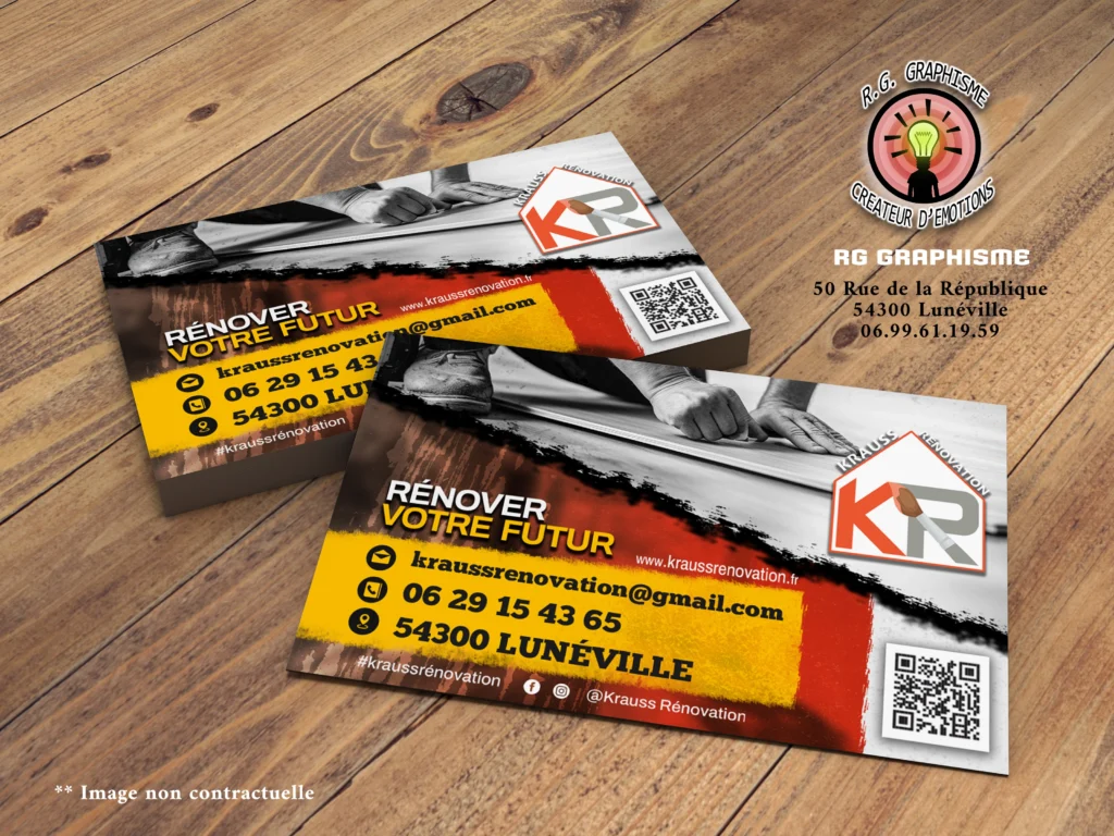 Carte de visite professionnelle conçue par RG Graphisme, illustrant un design moderne et une identité visuelle unique.