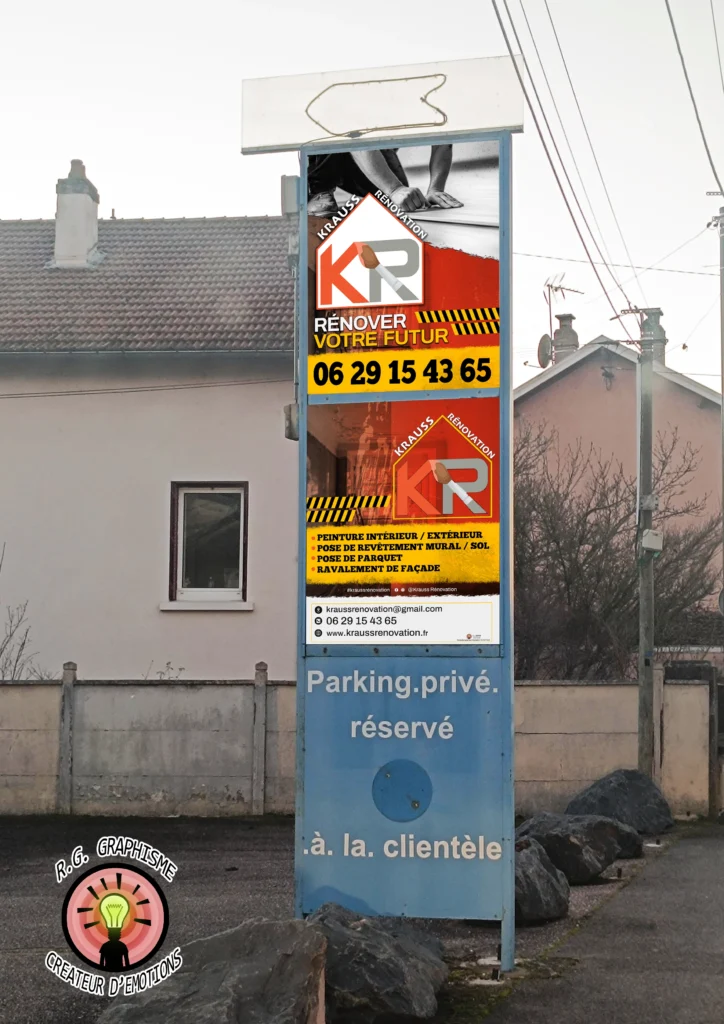 Stickers et panneau publicitaire professionnel conçus par RG Graphisme, pour une communication visuelle efficace et impactante.