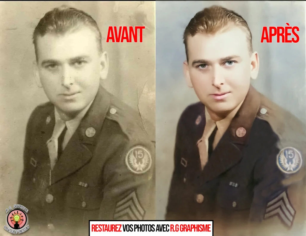 Restauration photographique effectuée par RG Graphisme, redonnant vie à des photos anciennes ou endommagées.