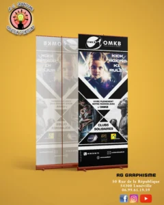 Kakemono publicitaire conçu par RG Graphisme, idéal pour salons, expositions ou communication visuelle grand format.