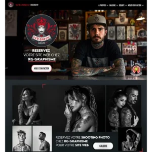 Capture d’écran d’une page web de salon de tatouage, créée avec l’intelligence artificielle, montrant la mise en page, les services et la galerie de tatouages.