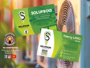 Carte de visite professionnelle conçue par RG Graphisme, illustrant un design moderne et une identité visuelle unique.