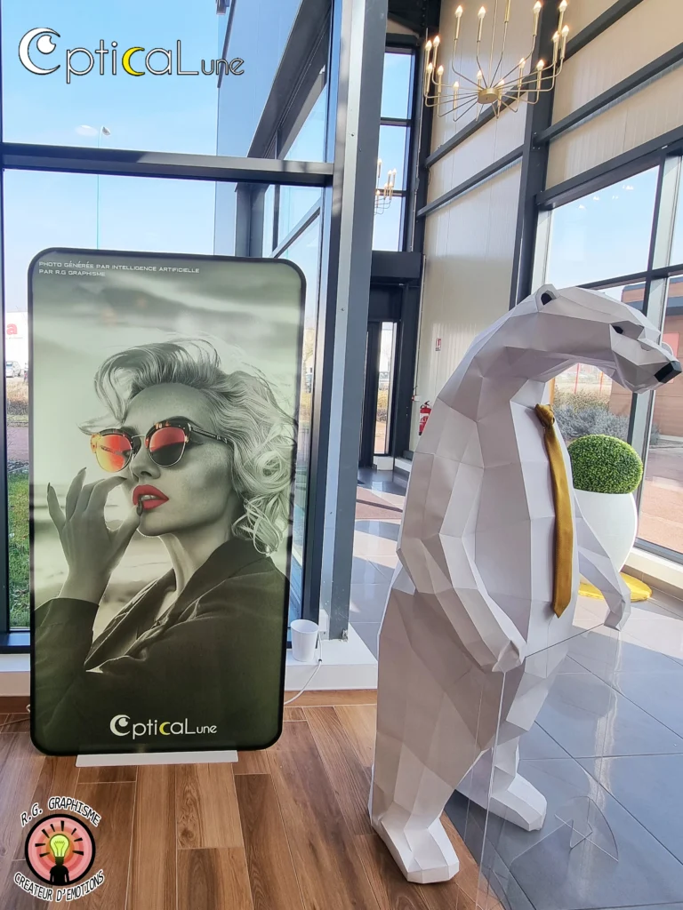 Stickers et panneau publicitaire professionnel conçus par RG Graphisme, pour une communication visuelle efficace et impactante.