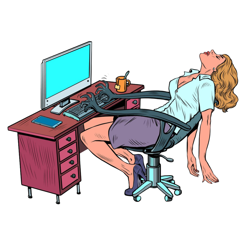 Illustration vintage représentant une femme assise et fatiguée devant son bureau, pendant que sa chaise prend le relais pour taper à l’ordinateur, symbolisant le coworking et la surcharge de travail.
