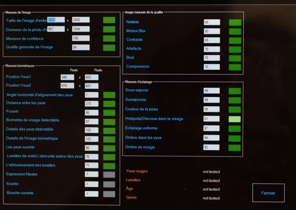 Exemple de visuel montrant le logiciel utilisé par RG Graphisme pour assurer la conformité des photos d’identité avec ANTS et E-photo.