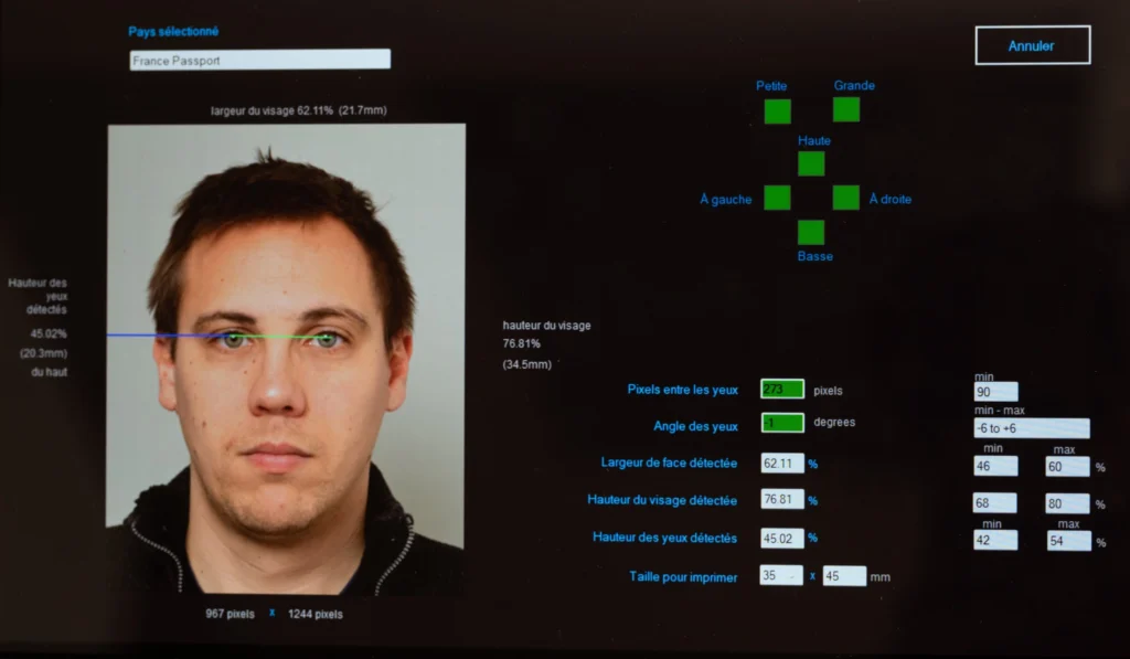 Exemple de visuel montrant le logiciel utilisé par RG Graphisme pour assurer la conformité des photos d’identité avec ANTS et E-photo.