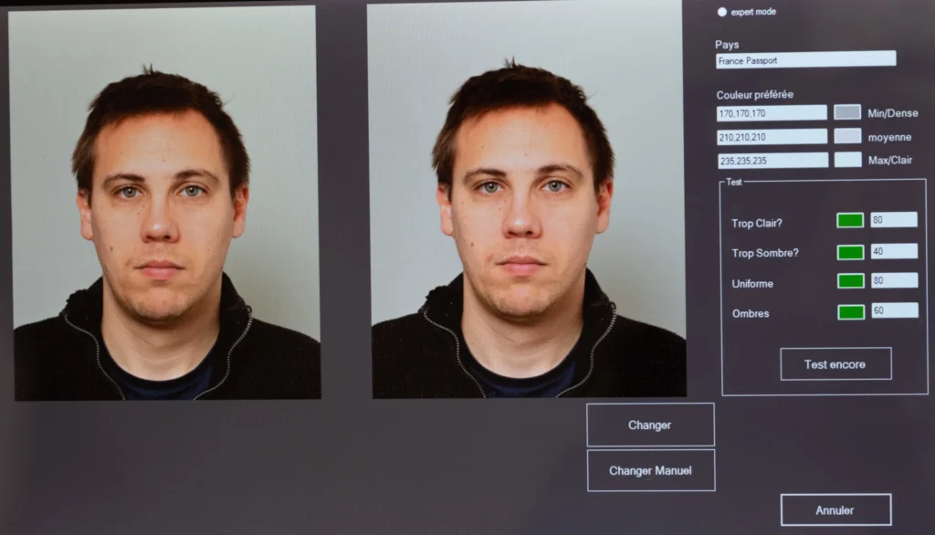 Exemple de visuel montrant le logiciel utilisé par RG Graphisme pour assurer la conformité des photos d’identité avec ANTS et E-photo.