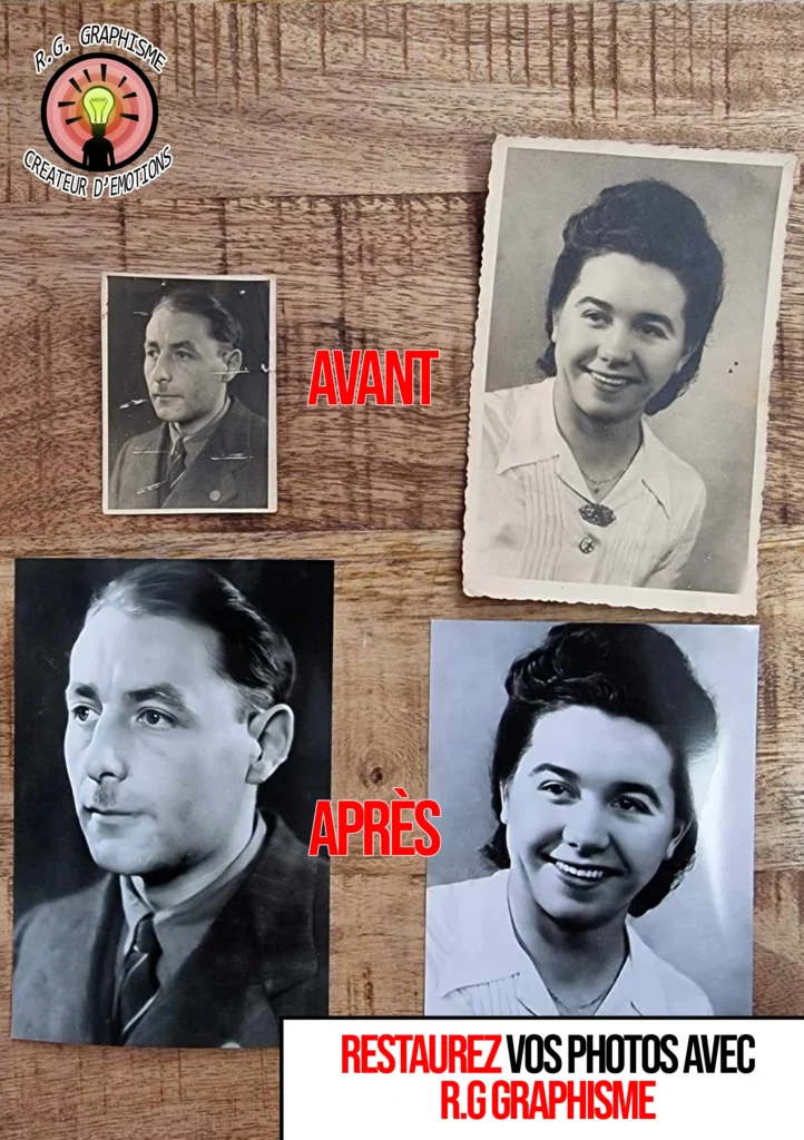 Restauration photographique effectuée par RG Graphisme, redonnant vie à des photos anciennes ou endommagées.