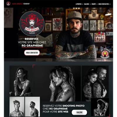 Capture d’écran d’une page web de salon de tatouage, créée avec l’intelligence artificielle, montrant la mise en page, les services et la galerie de tatouages.